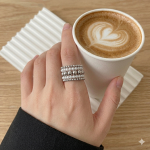 "Pearl & Silver Ball Beaded Stackable Ring Set"