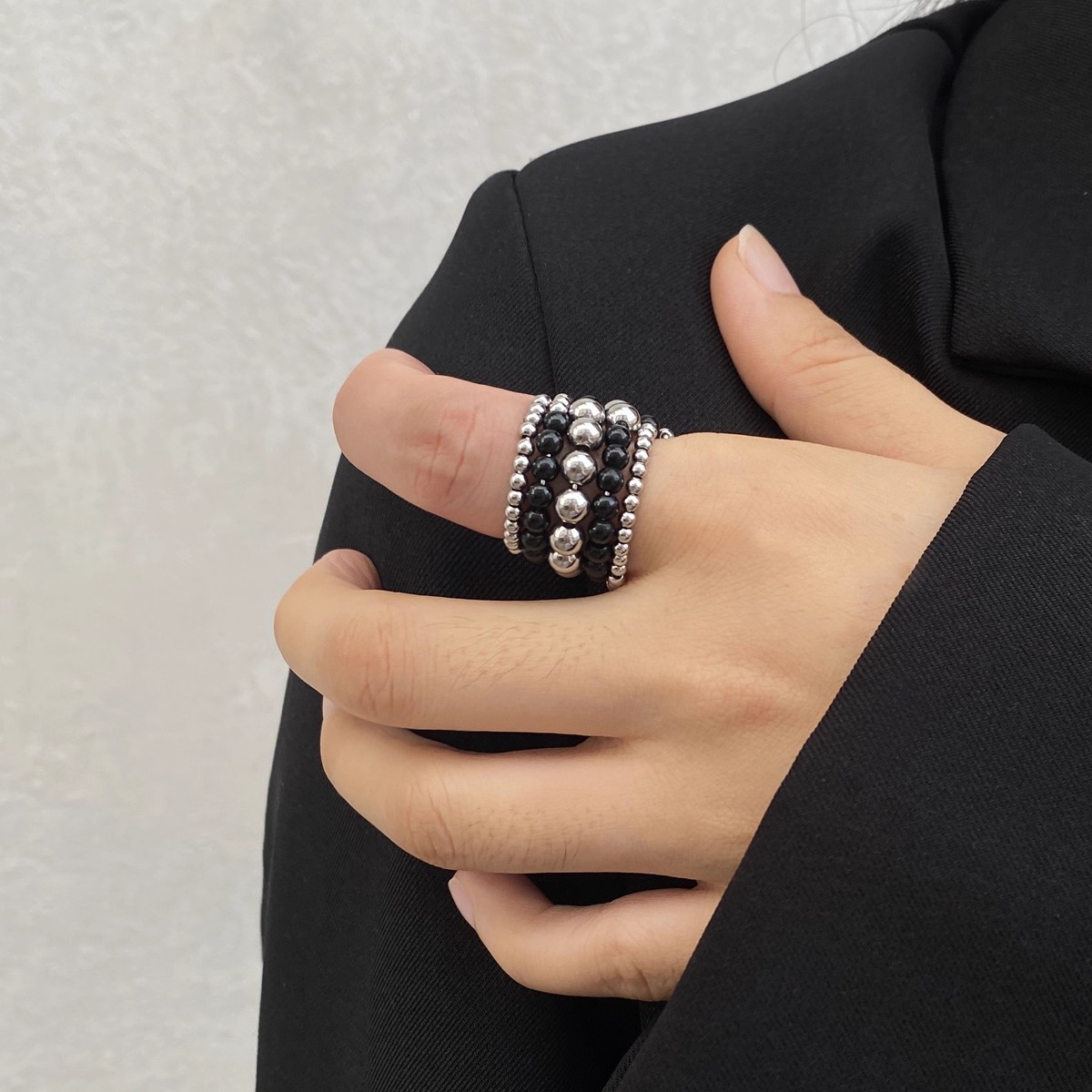"Obsidian & Silver Beaded Stackable Ring Set"