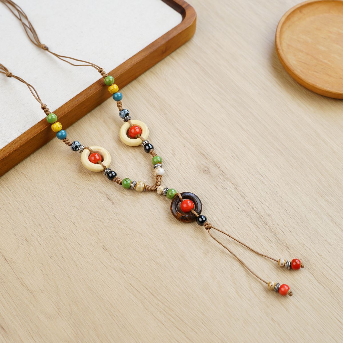 Earthy Vibe Adjustable Boho Cord Necklace with Ceramic Accents - Image 2