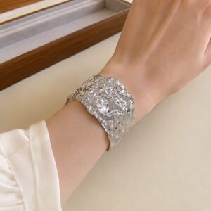 Wide Molten silver Crumpled Statement Cuff Bangle