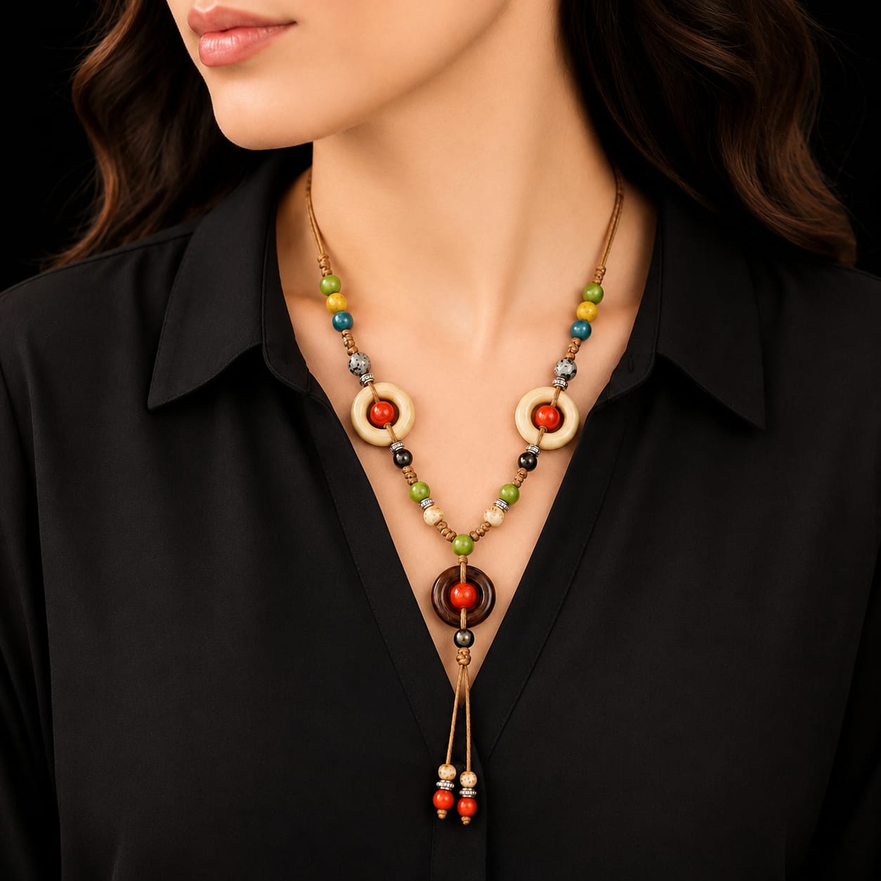 Earthy Vibe Adjustable Boho Cord Necklace with Ceramic Accents
